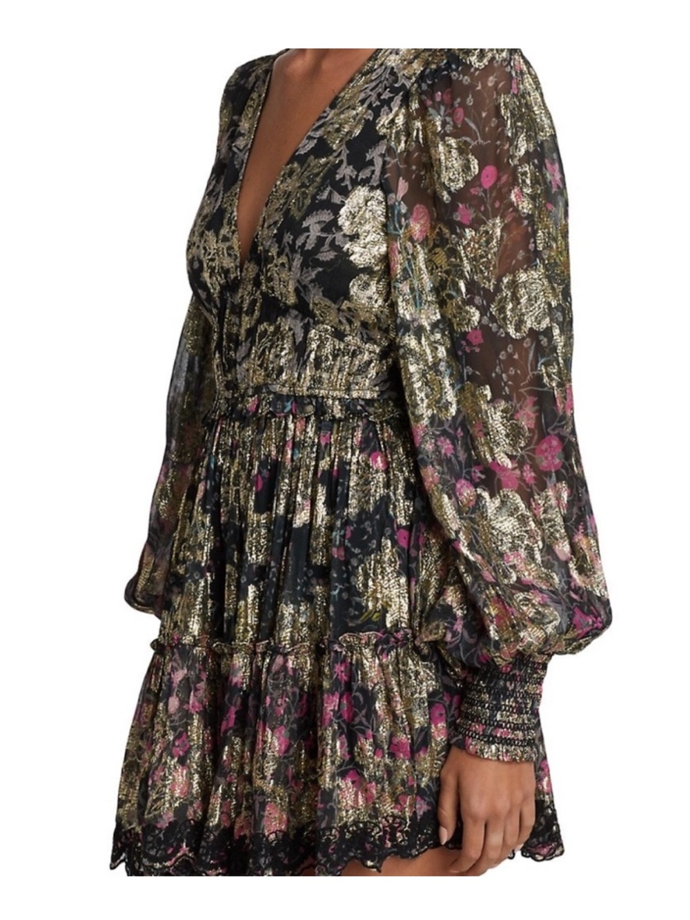 NWT Hemant & Nandita Metallic Tiered Long-Sleeve V-Neck Mini Dress size small - Picture 6 of 8